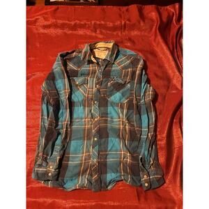 Roebuck and Co Mens M Blue Plaid Western Long Sleeve Button Up Shirt Casual